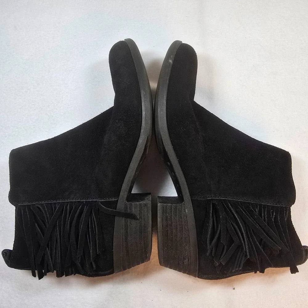 Womens Suede Fringe Ankle Boots Black‎ Western Boho Chic Classic Festival Sz 6.5